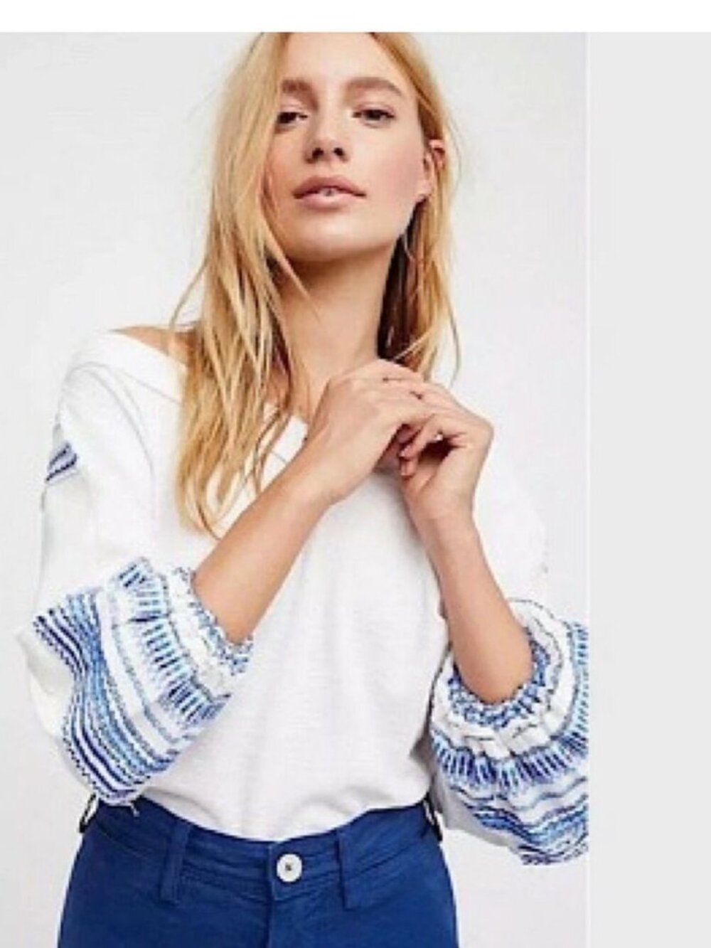We The Free Bubble Tee Shirt Top White Thermal V Neck Boho Embroidered Sz S